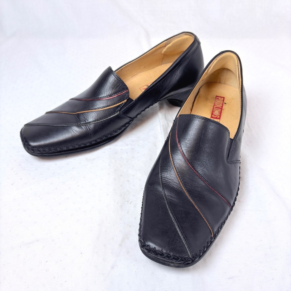 PIKOLINOS Black Leather Slip-On Loafers with Colorful Seaming Detail